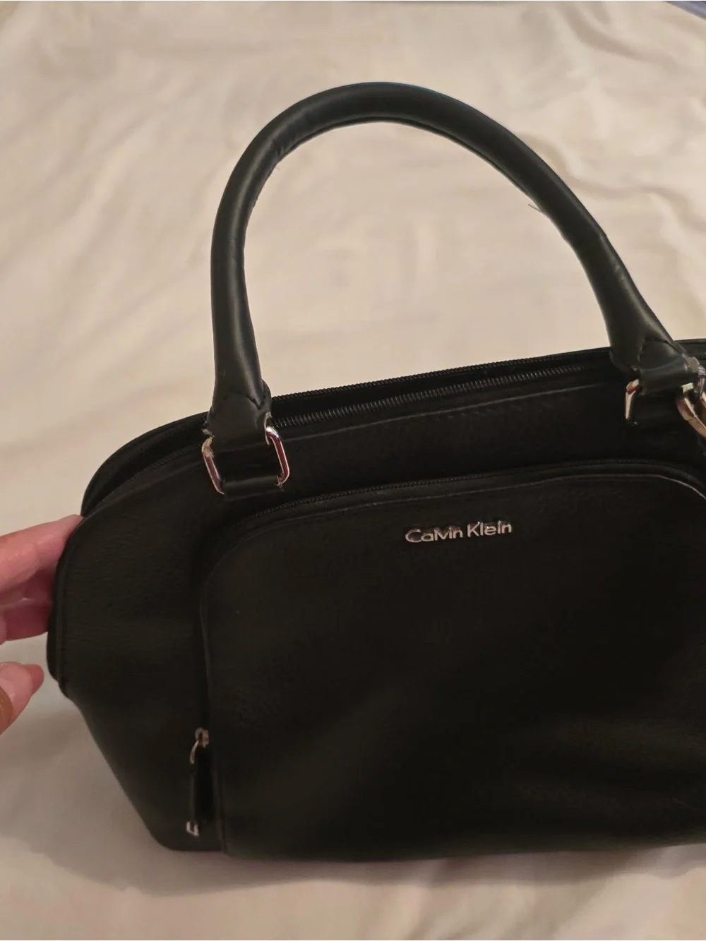 Calvin Klein Black Pebbled Leather Satchel with Silver Hardware